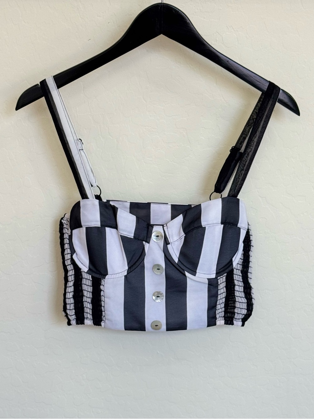 Vanessa Mooney Celia Striped Bustier Crop Top Black White Underwire Large Y2K